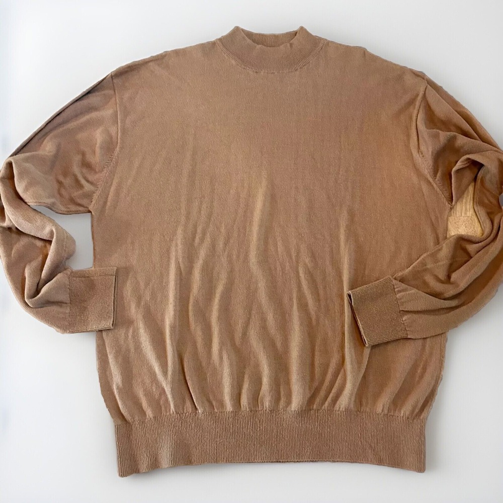 Baracuta Men's Sz XL Tan Knitted Silk Blend Luxury Long Sleeve Sweater Mock Neck